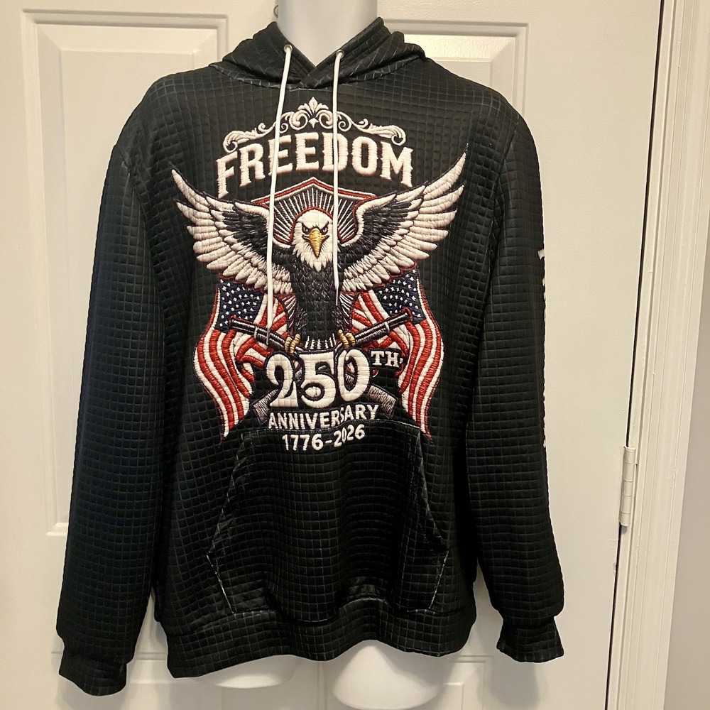 Mens Freedom America XL 250 Anniversary 1776-2026 Black Hoodie Shirt Waffle Knit